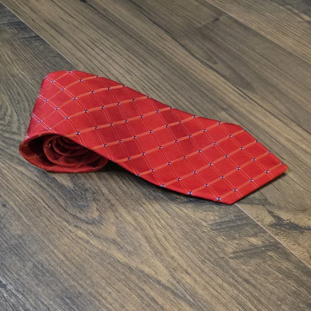 Vintage Barneys‎ New York 100% Silk Red Blue Diamond Tie Made In USA